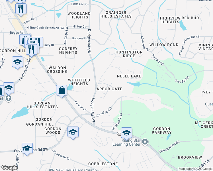 map of restaurants, bars, coffee shops, grocery stores, and more near 6455 Arbor Gate Drive Southwest in Mableton