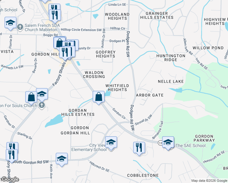 map of restaurants, bars, coffee shops, grocery stores, and more near 6431 Piney Circle Southwest in Mableton