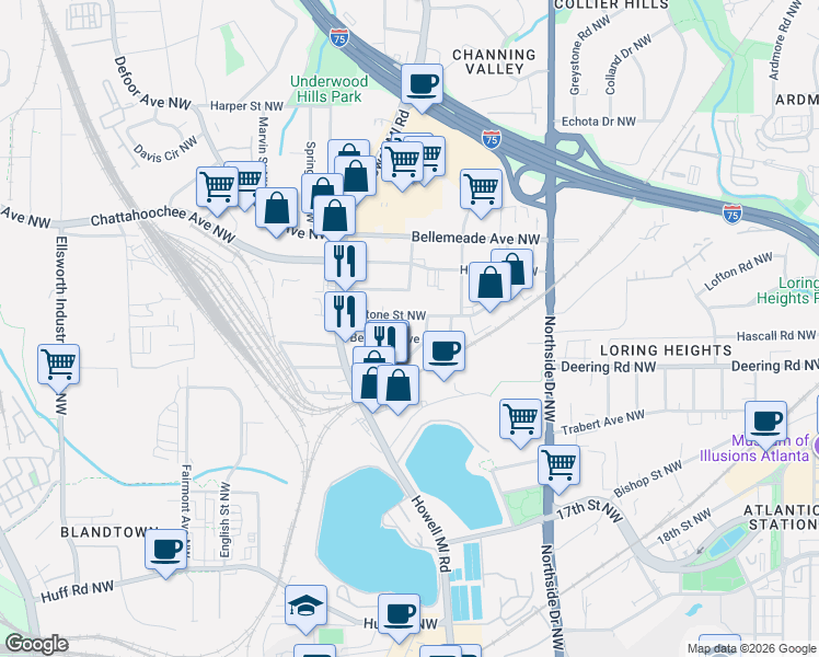 map of restaurants, bars, coffee shops, grocery stores, and more near 777 Antone Street Northwest in Atlanta