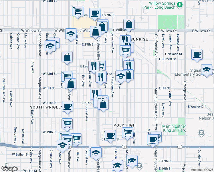 map of restaurants, bars, coffee shops, grocery stores, and more near 2208 Elm Avenue in Long Beach