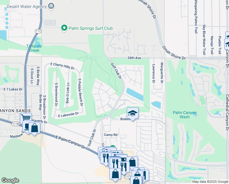 map of restaurants, bars, coffee shops, grocery stores, and more near 5806 Los Coyotes Drive in Palm Springs