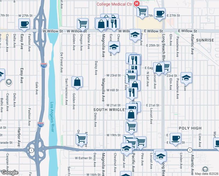 map of restaurants, bars, coffee shops, grocery stores, and more near 2241 Eucalyptus Avenue in Long Beach