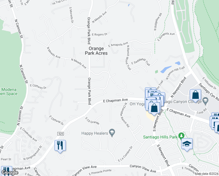 map of restaurants, bars, coffee shops, grocery stores, and more near 571 North Turnabout Road in Orange