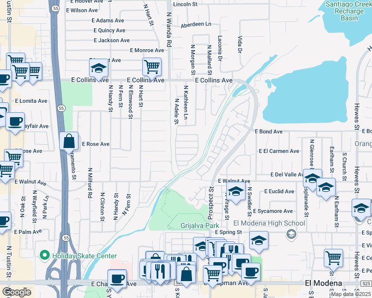 map of restaurants, bars, coffee shops, grocery stores, and more near 692 North Adele Street in Orange
