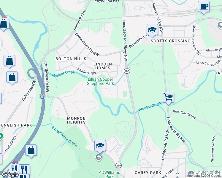 map of restaurants, bars, coffee shops, grocery stores, and more near 2858 Marco Drive Northwest in Atlanta