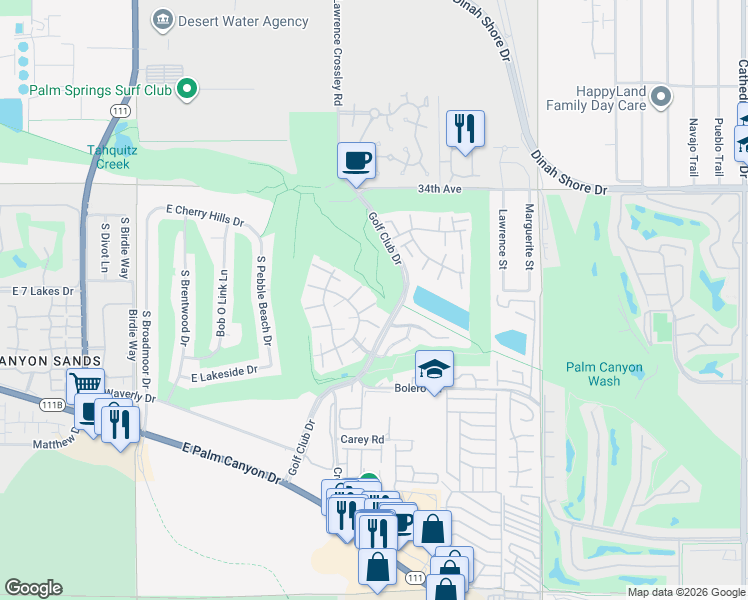map of restaurants, bars, coffee shops, grocery stores, and more near 5836 Los Coyotes Drive in Palm Springs
