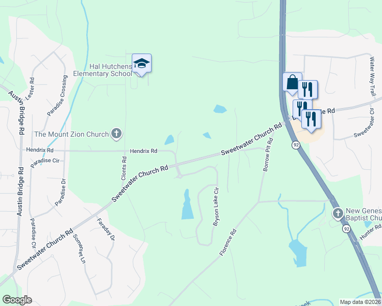 map of restaurants, bars, coffee shops, grocery stores, and more near 48 Hendrix Road in Douglasville