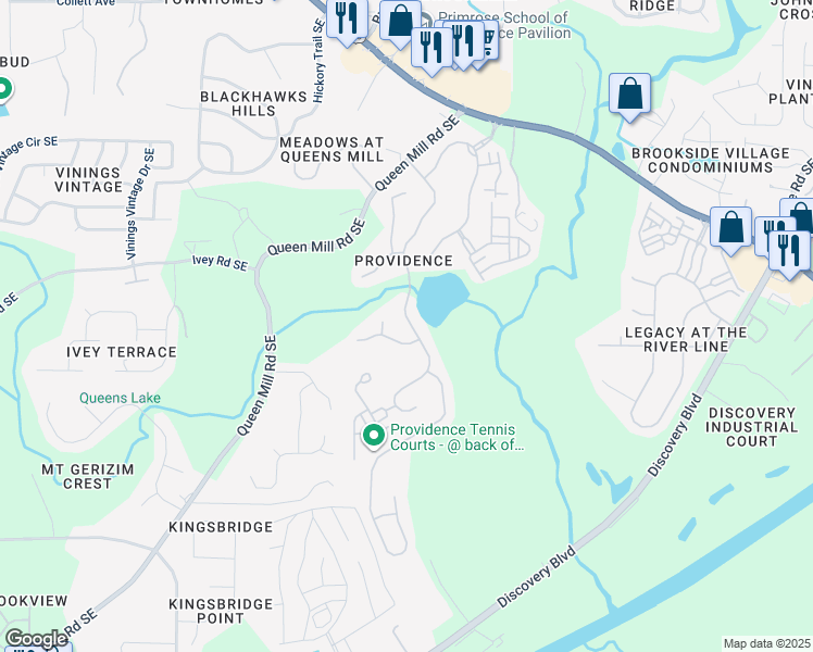 map of restaurants, bars, coffee shops, grocery stores, and more near 6064 Queens River Drive in Mableton