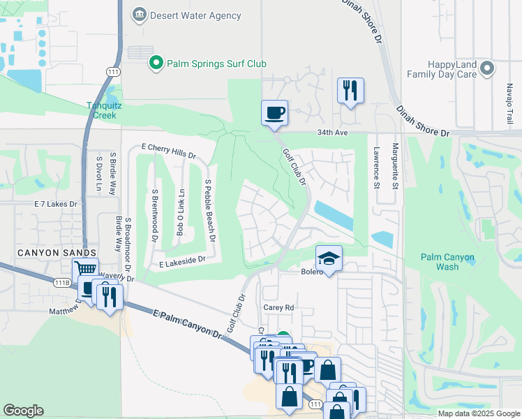 map of restaurants, bars, coffee shops, grocery stores, and more near 5725 Los Coyotes Drive in Palm Springs