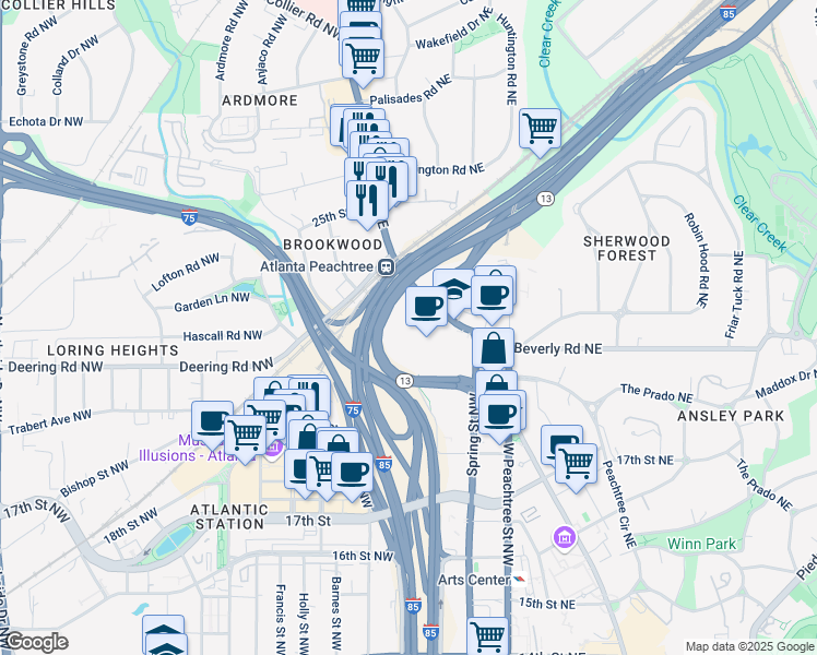 map of restaurants, bars, coffee shops, grocery stores, and more near 1660 Peachtree Road Northwest in Atlanta