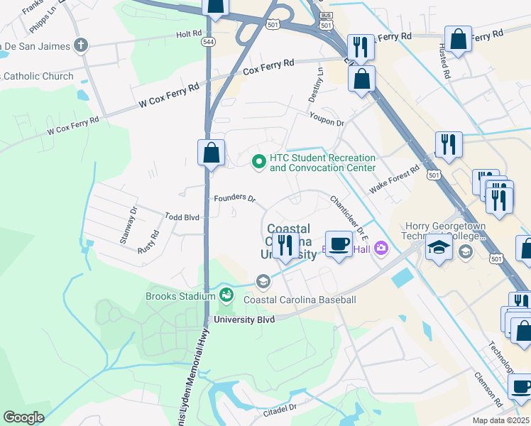 map of restaurants, bars, coffee shops, grocery stores, and more near 111 Chanticleer Drive West in Conway