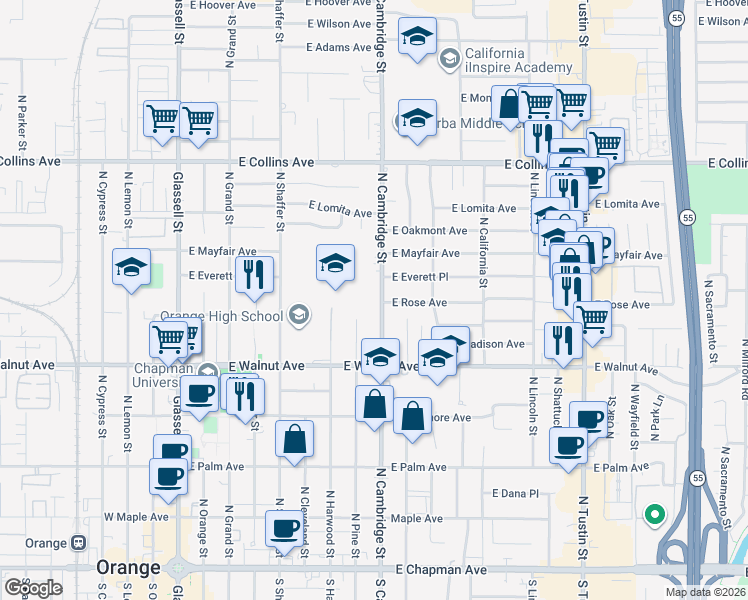 map of restaurants, bars, coffee shops, grocery stores, and more near 650 North Cambridge Street in Orange