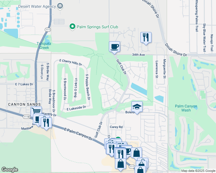 map of restaurants, bars, coffee shops, grocery stores, and more near 5723 Los Coyotes Drive in Palm Springs