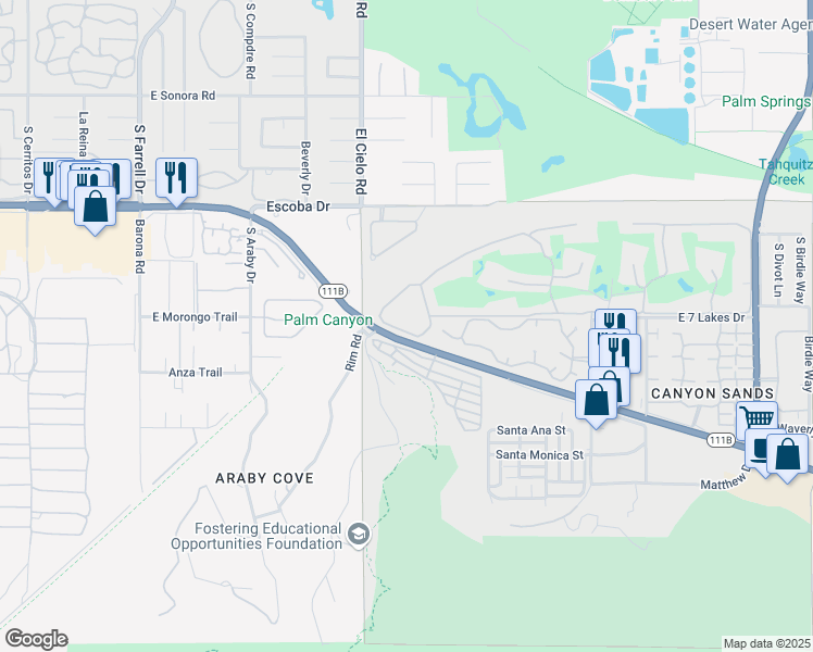 map of restaurants, bars, coffee shops, grocery stores, and more near 447 Desert Lakes Drive in Palm Springs