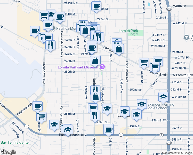 map of restaurants, bars, coffee shops, grocery stores, and more near 25024 Narbonne Avenue in Lomita