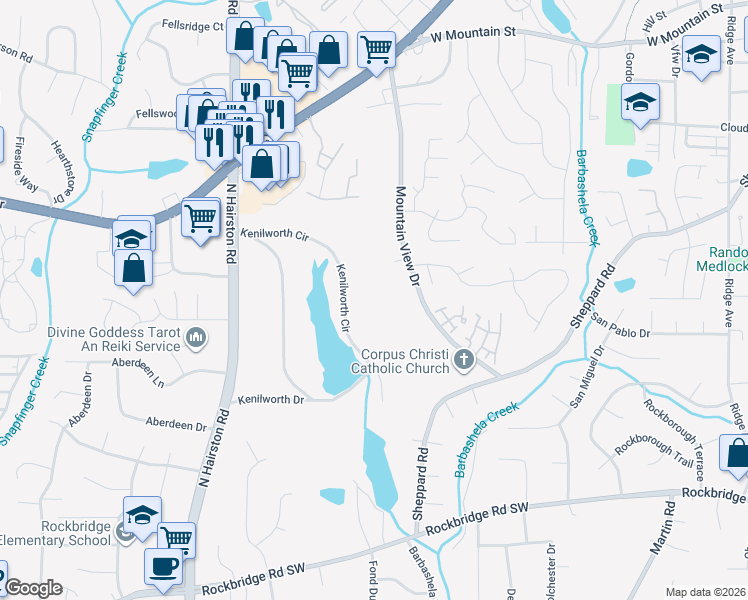 map of restaurants, bars, coffee shops, grocery stores, and more near 718 Mountain View Drive in Stone Mountain