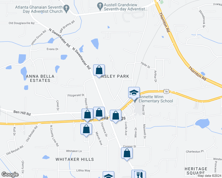 map of restaurants, bars, coffee shops, grocery stores, and more near 6472 Ansley Boulevard in Lithia Springs