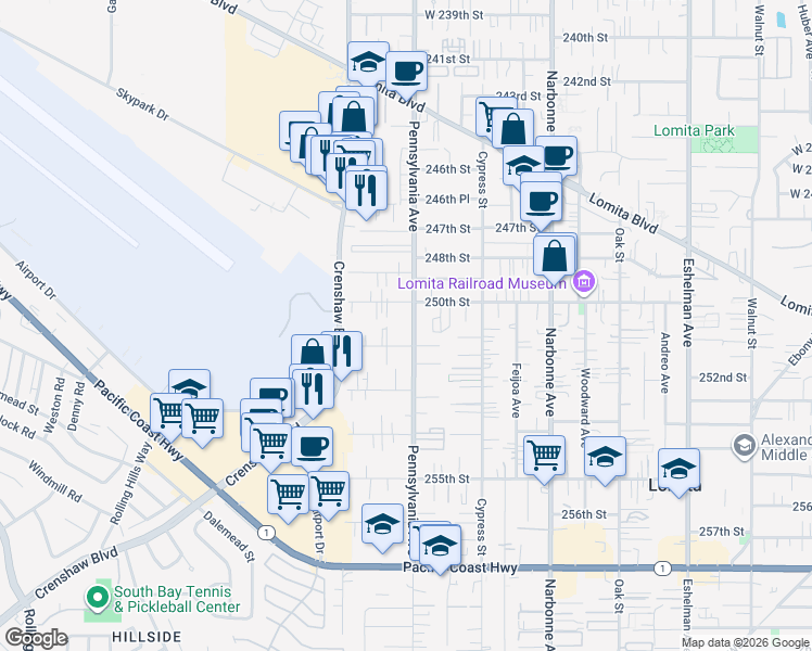 map of restaurants, bars, coffee shops, grocery stores, and more near 25025 Pennsylvania Avenue in Lomita