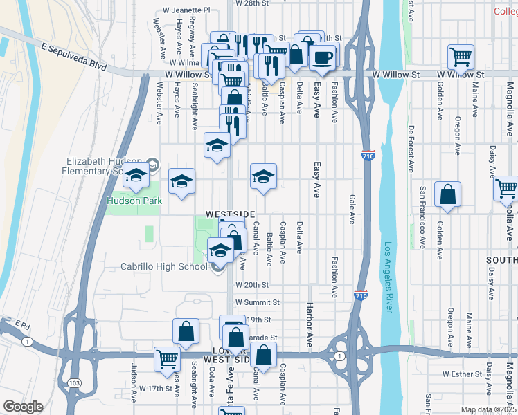 map of restaurants, bars, coffee shops, grocery stores, and more near 2214 Canal Avenue in Long Beach
