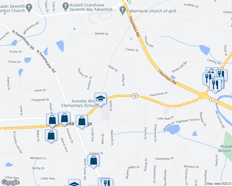 map of restaurants, bars, coffee shops, grocery stores, and more near 3461 Bankhead Highway in Lithia Springs