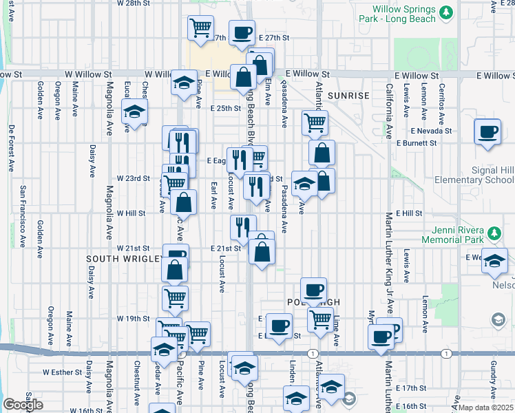 map of restaurants, bars, coffee shops, grocery stores, and more near 2247 Long Beach Boulevard in Long Beach