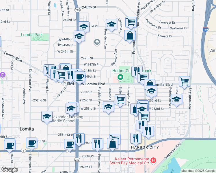 map of restaurants, bars, coffee shops, grocery stores, and more near 1506 West Lomita Boulevard in Los Angeles