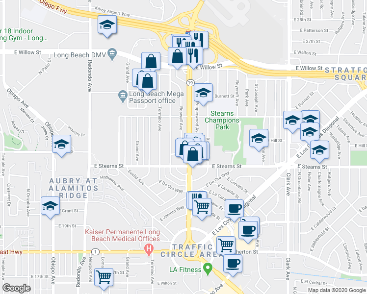 map of restaurants, bars, coffee shops, grocery stores, and more near 2238 Roswell Avenue in Long Beach