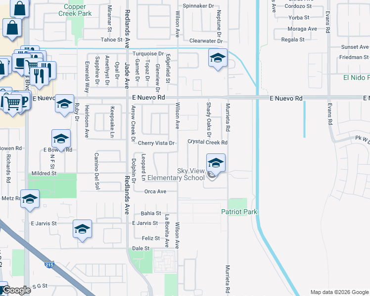 map of restaurants, bars, coffee shops, grocery stores, and more near 1432 Wilson Avenue in Perris