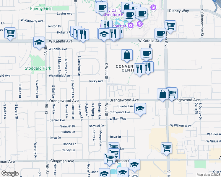 map of restaurants, bars, coffee shops, grocery stores, and more near 11972 Ricky Avenue in Garden Grove