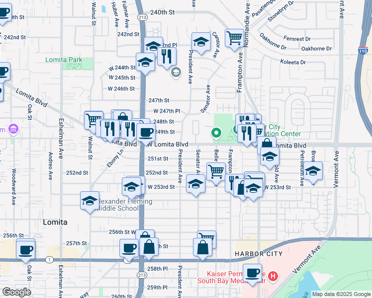 map of restaurants, bars, coffee shops, grocery stores, and more near 1535 Lomita Boulevard in Los Angeles