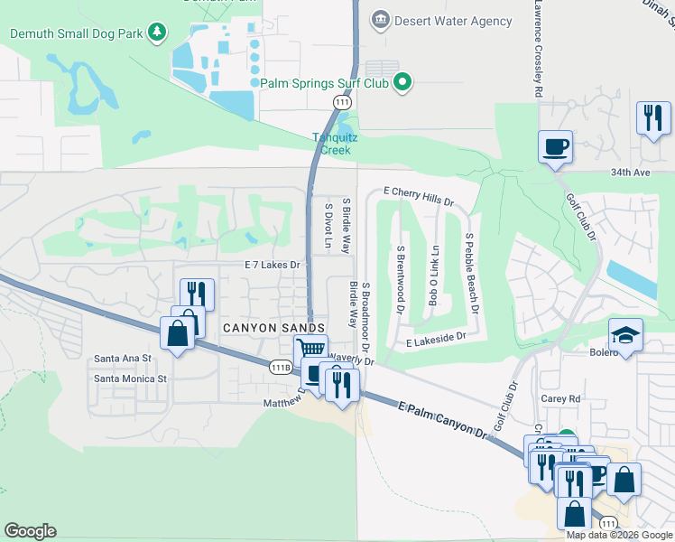 map of restaurants, bars, coffee shops, grocery stores, and more near 4850 North Winners Circle in Palm Springs