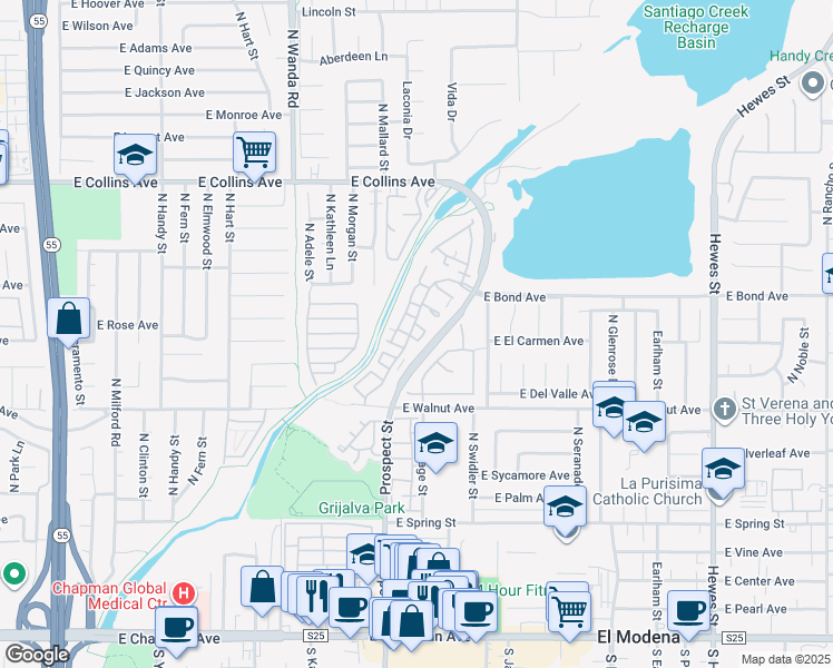 map of restaurants, bars, coffee shops, grocery stores, and more near 3421 East Salisbury Circle in Orange