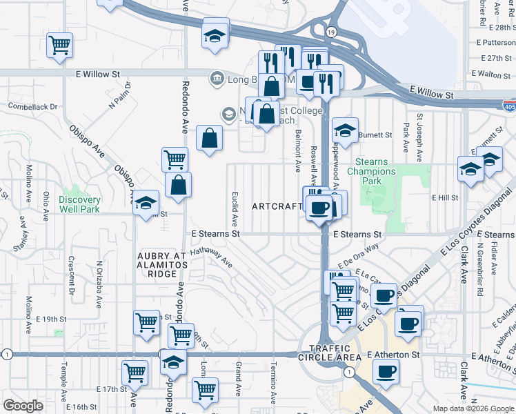 map of restaurants, bars, coffee shops, grocery stores, and more near 2236 Grand Avenue in Long Beach