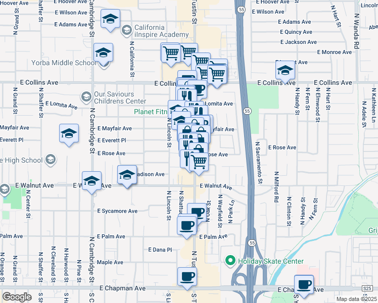 map of restaurants, bars, coffee shops, grocery stores, and more near 655 North Tustin Street in Orange
