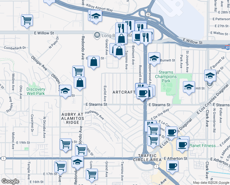 map of restaurants, bars, coffee shops, grocery stores, and more near 2236 Grand Avenue in Long Beach