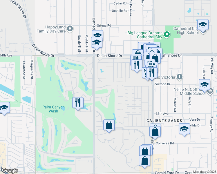 map of restaurants, bars, coffee shops, grocery stores, and more near 20 Coble Drive in Cathedral City