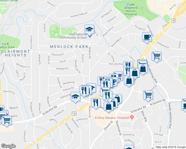 map of restaurants, bars, coffee shops, grocery stores, and more near 1205 McClelen Way in Decatur