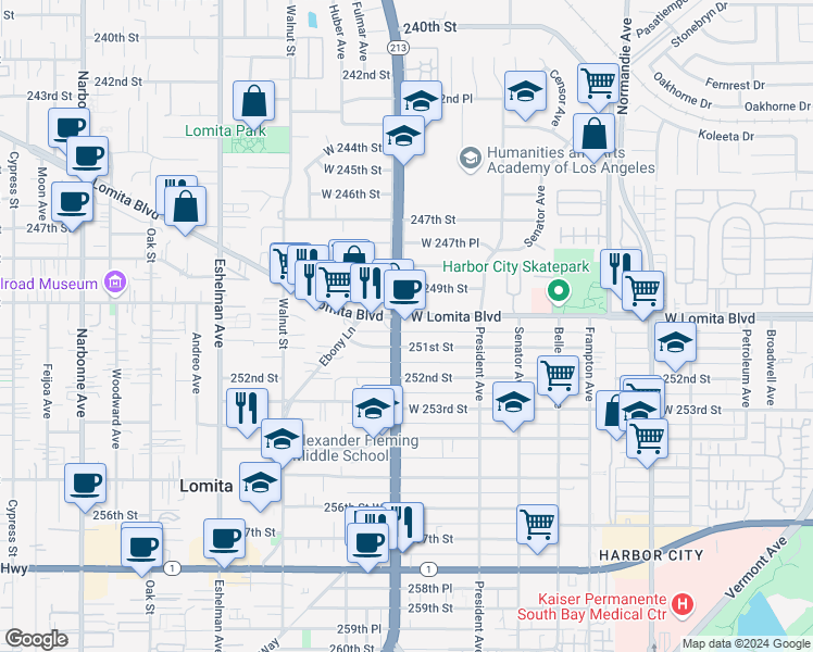 map of restaurants, bars, coffee shops, grocery stores, and more near 1680 Lomita Boulevard in Los Angeles