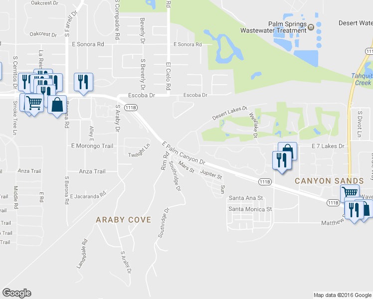 map of restaurants, bars, coffee shops, grocery stores, and more near 469 Desert Lakes Drive in Palm Springs