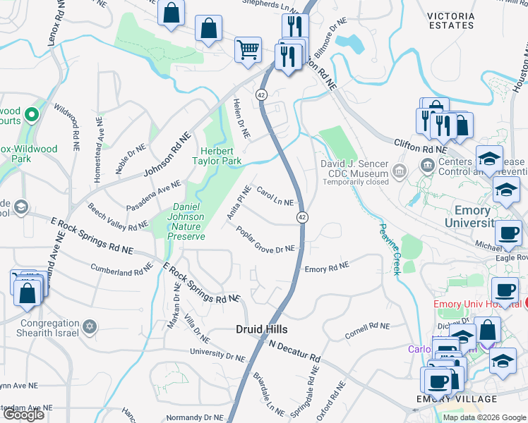 map of restaurants, bars, coffee shops, grocery stores, and more near 1222 Briar Hills Drive Northeast in Atlanta