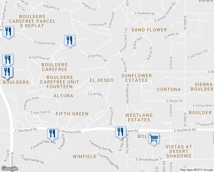map of restaurants, bars, coffee shops, grocery stores, and more near 7841 East Sunflower Court in Scottsdale