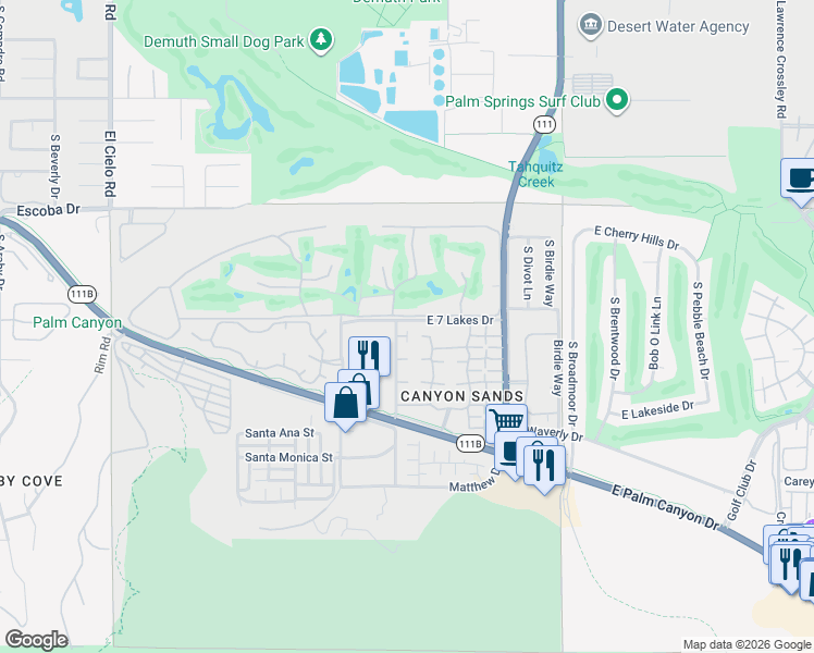 map of restaurants, bars, coffee shops, grocery stores, and more near 90 Desert Lakes Drive in Palm Springs