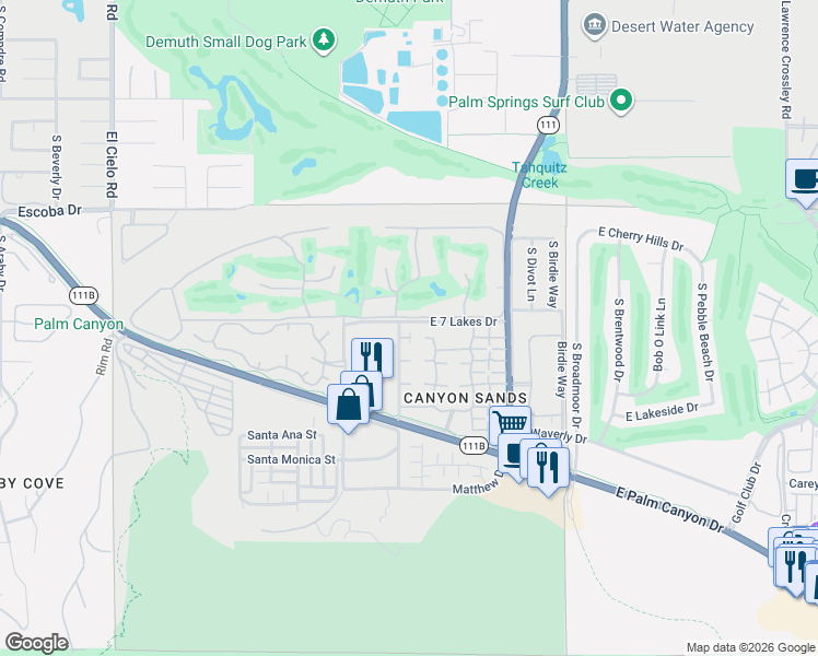 map of restaurants, bars, coffee shops, grocery stores, and more near 90 Desert Lakes Drive in Palm Springs