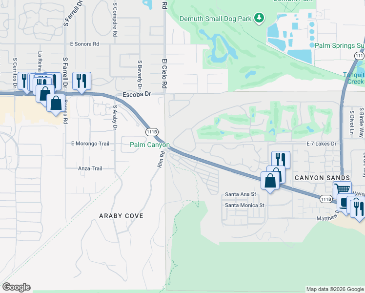 map of restaurants, bars, coffee shops, grocery stores, and more near 469 Desert Lakes Drive in Palm Springs