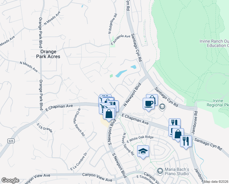 map of restaurants, bars, coffee shops, grocery stores, and more near 7630 East Appaloosa Trail in Orange