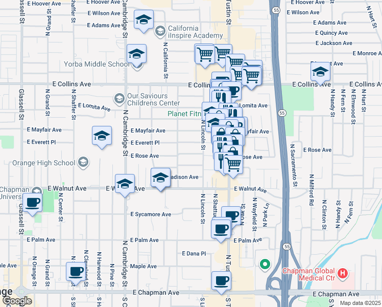 map of restaurants, bars, coffee shops, grocery stores, and more near 1420 East Everett Place in Orange