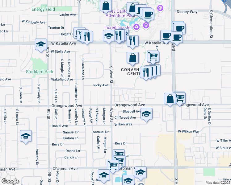 map of restaurants, bars, coffee shops, grocery stores, and more near 11972 Ricky Avenue in Garden Grove