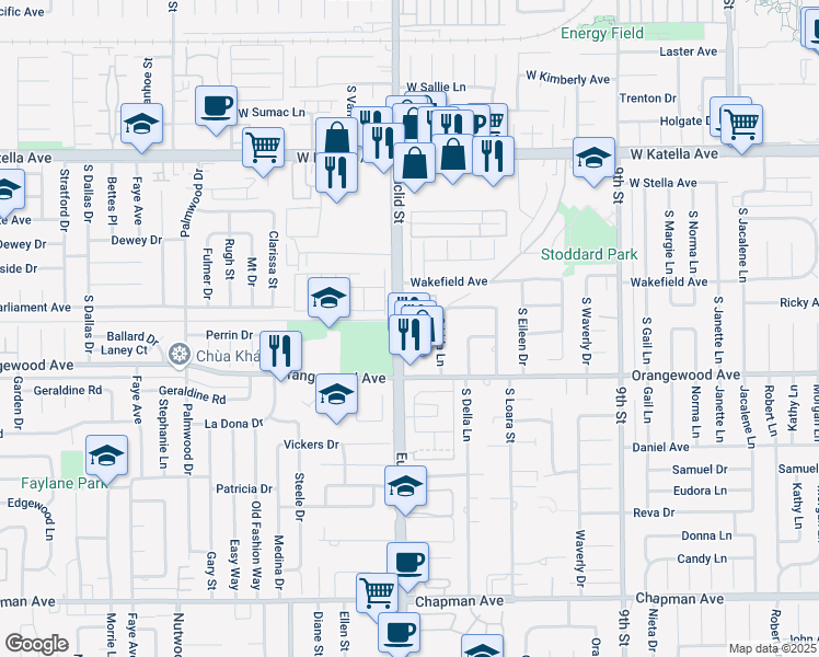 map of restaurants, bars, coffee shops, grocery stores, and more near 1681 West Tonia Place in Anaheim