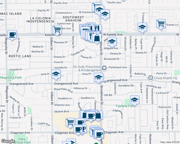 map of restaurants, bars, coffee shops, grocery stores, and more near 11331 Biscayne Boulevard in Garden Grove