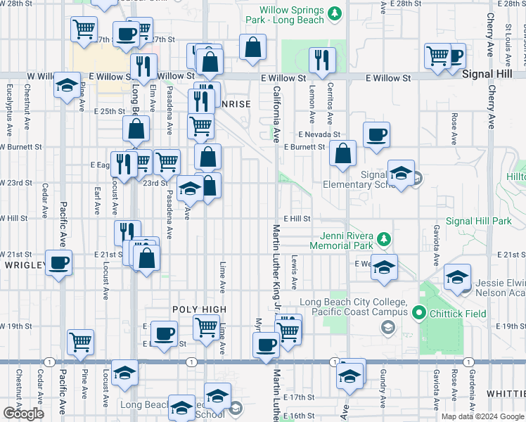 map of restaurants, bars, coffee shops, grocery stores, and more near 2249 Myrtle Avenue in Long Beach